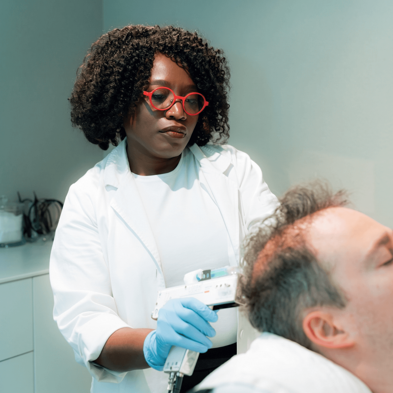 Une praticienne aux lunettes rouges traitant le cuir chevelu d’un patient dans une salle de soins lumineuse
